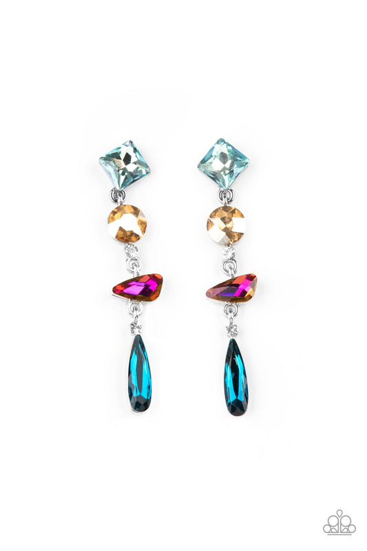 ROCK CANDY ELEGANCE - MULTI OIL SPILL IRIDESCENT BLUE PINK YELLOW RHINESTONES EARRINGS