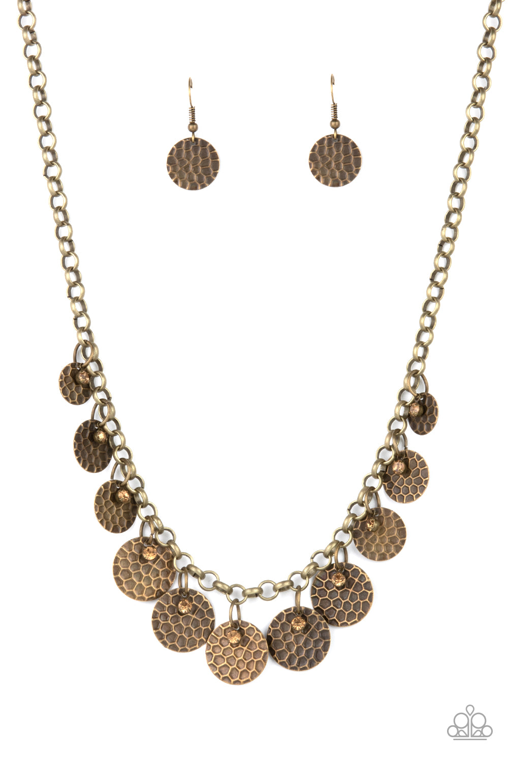 DELIGHTFULLY DAPPLED - BRASS TOPAZ RHINESTONES COIN HONEYCOMB CHARM NECKLACE