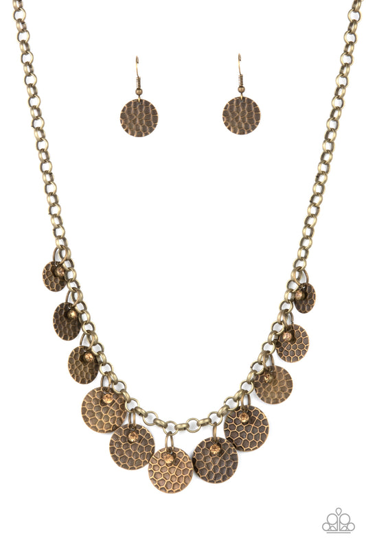 DELIGHTFULLY DAPPLED - BRASS TOPAZ RHINESTONES COIN HONEYCOMB CHARM NECKLACE