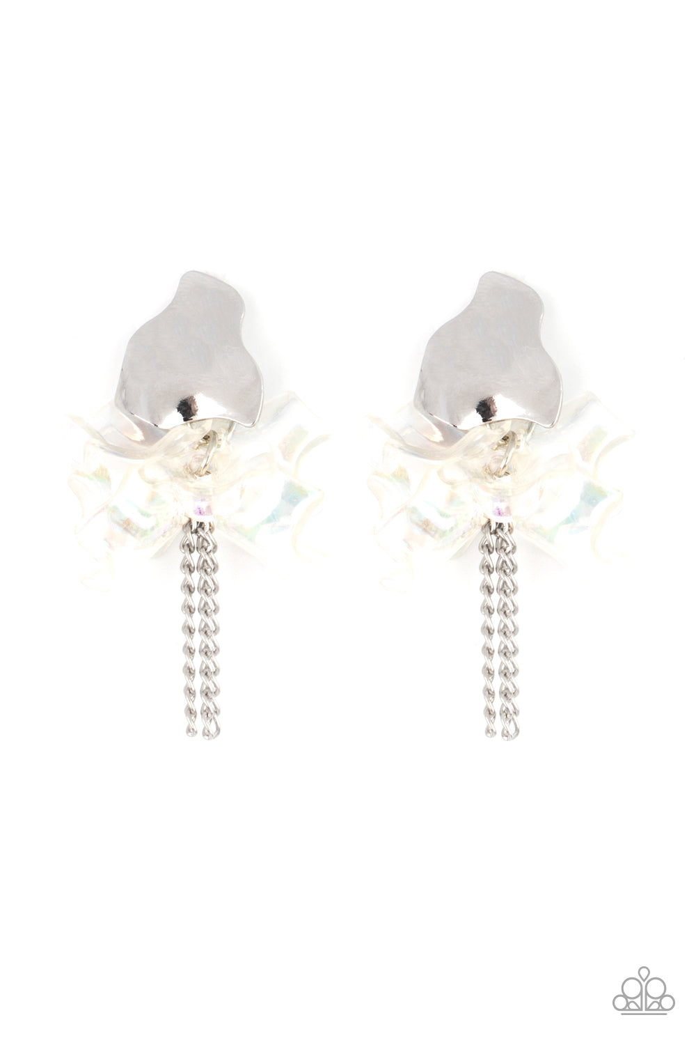 HARMONICALLY HOLOGRAPHIC - WHITE IRIDESCENT PETALS SILVER FRINGE EARRINGS