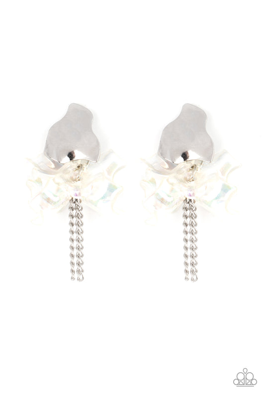 HARMONICALLY HOLOGRAPHIC - WHITE IRIDESCENT PETALS SILVER FRINGE EARRINGS