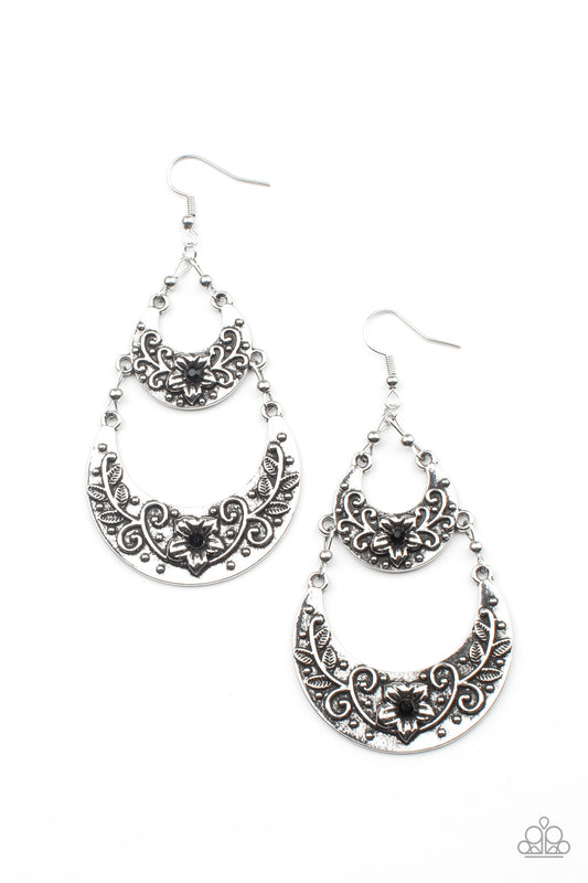 SPRINGTIME GARDENS - BLACK FLORAL SWINGING CRESCENT EARRINGS