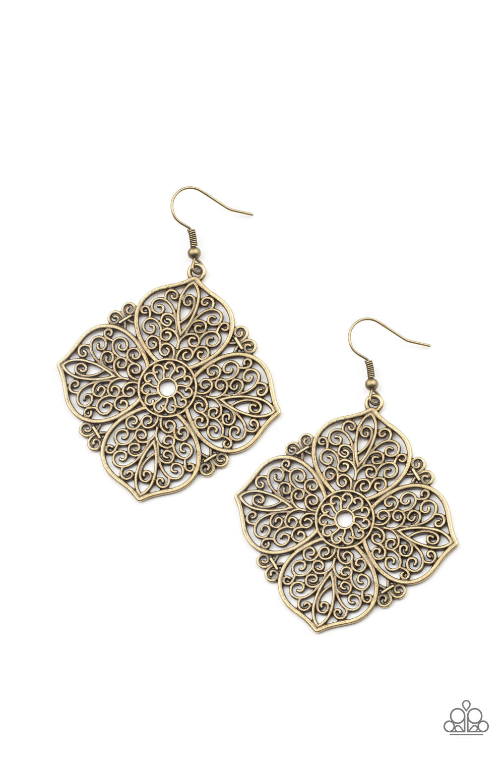 DUBAI DETOUR - BRASS SQUARE FILIGREE FLORAL PENDANT EARRINGS