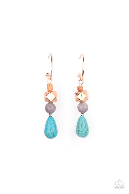 BOULEVARD STROLL - COPPER BEAD AND TURQUOISE TEARDROP SMALL HOOP EARRINGS