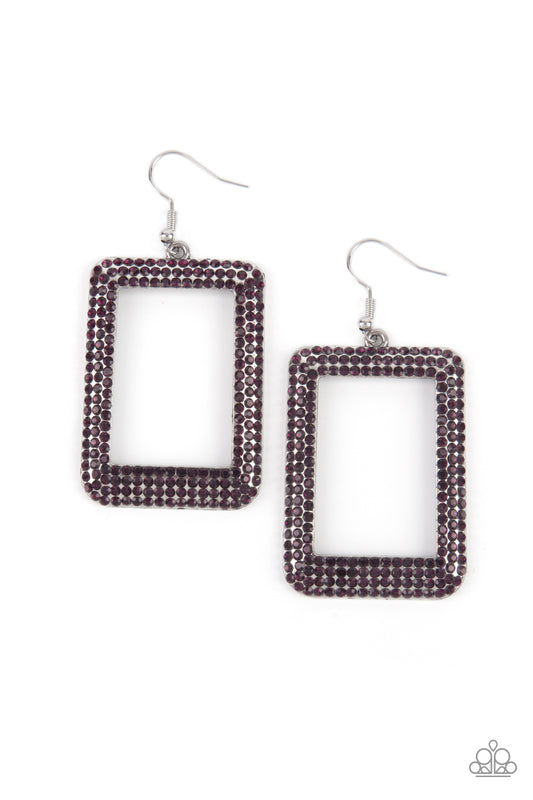 WORLD FRAME-OUS - PURPLE AMETHYST RHINESTONE RECTANGLE EARRINGS
