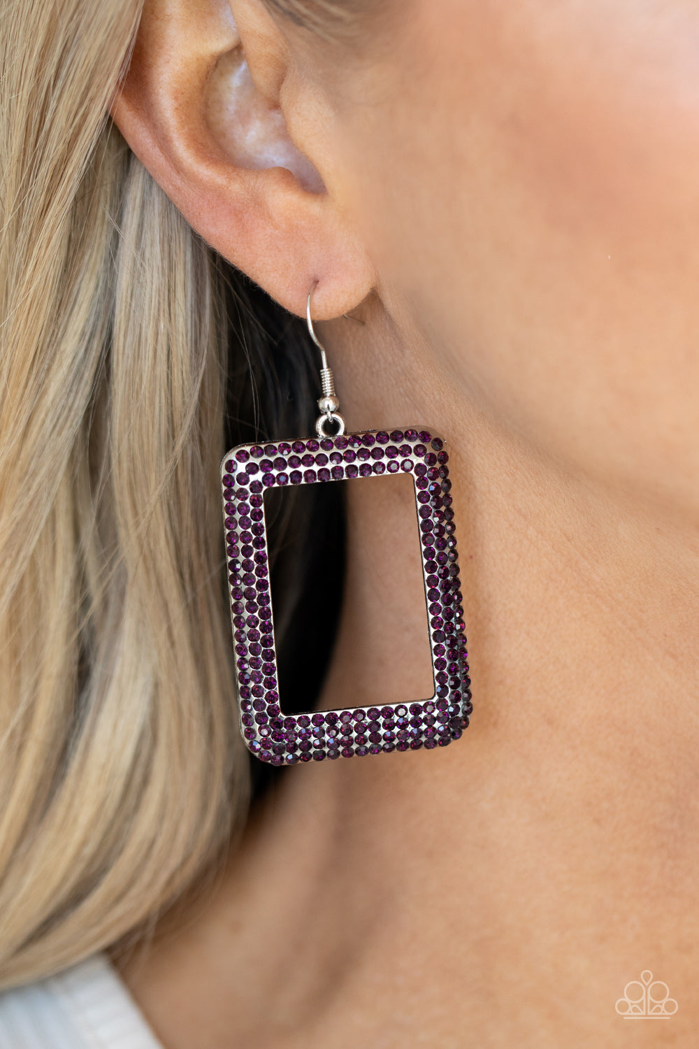 WORLD FRAME-OUS - PURPLE AMETHYST RHINESTONE RECTANGLE EARRINGS