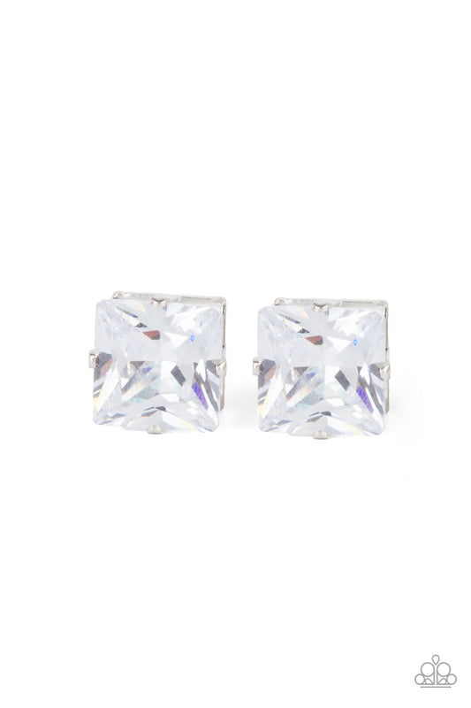 TIMES SQUARE TIMELESS - WHITE PRINCESS CUT RHINESTONE POST EARRINGS