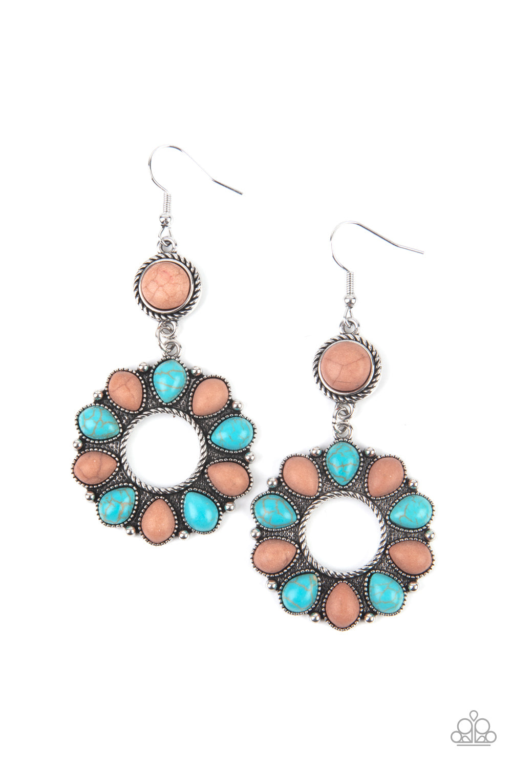 BACK AT THE RANCH - MULTI BROWN AND BLUE TURQUOISE CIRCLE PENDANT EARRINGS