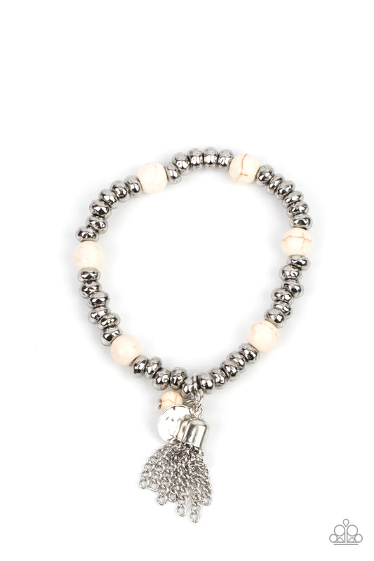 WHIMSICALLY WANDERLUST - WHITE CRACKLE STAND STONE SILVER TASSEL STRETCH BRACELET