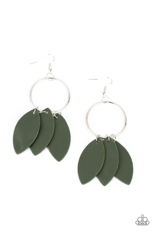 LEAFY LAGUNA - GREEN LEATHER LEAVES SILVER WIRE EARRINGS