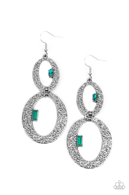 OVAL AND OVAL AGAIN - GREEN RHINESTONE TEXTURED SILVER OVALS EARRINGS