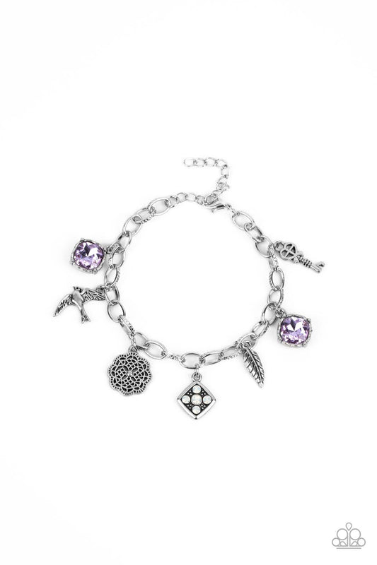 FANCIFULLY FLIGHTY - PURPLE AMETHYST RHINESTONE CHARM BRACELET