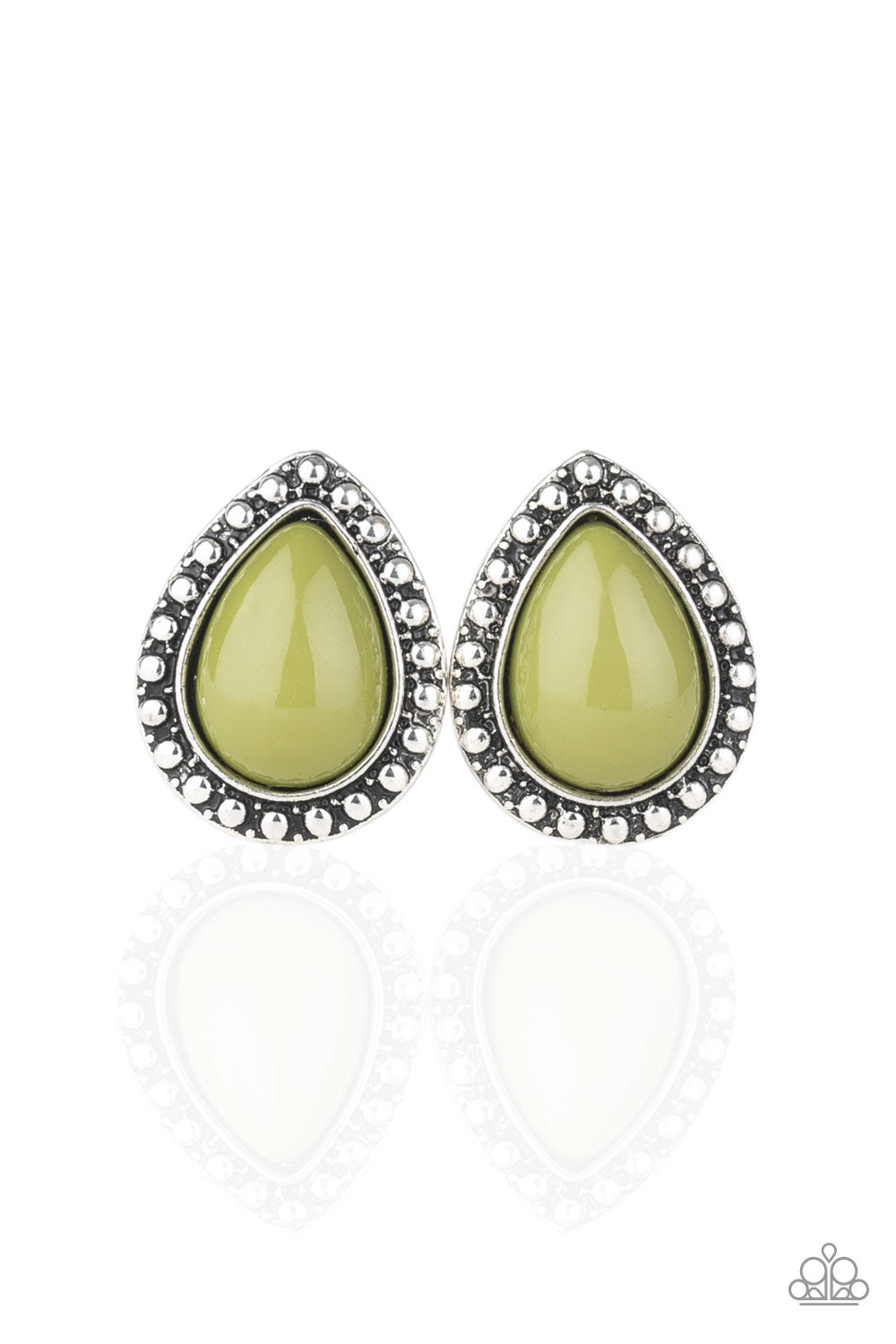 BOLDLY BEADED - GREEN OLIVE AVOCADO TEARDROP BEAD DOTTED SILVER POST EARRINGS