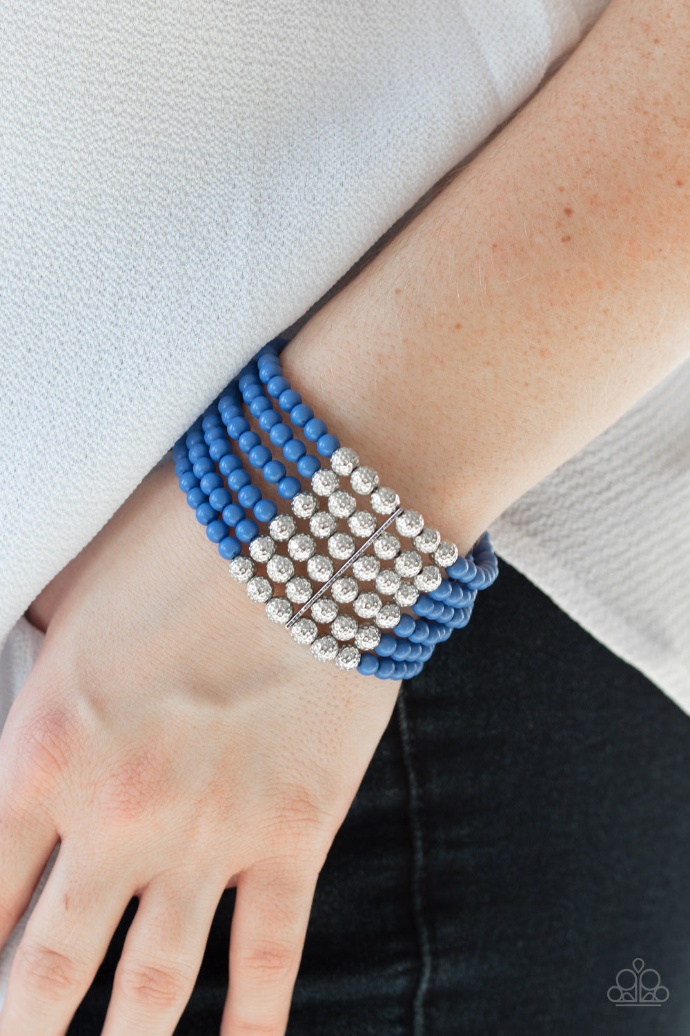 LAYER IT ON THICK - BLUE AND SILVER BEADS STRETCH MULTI LAYER BRACELET