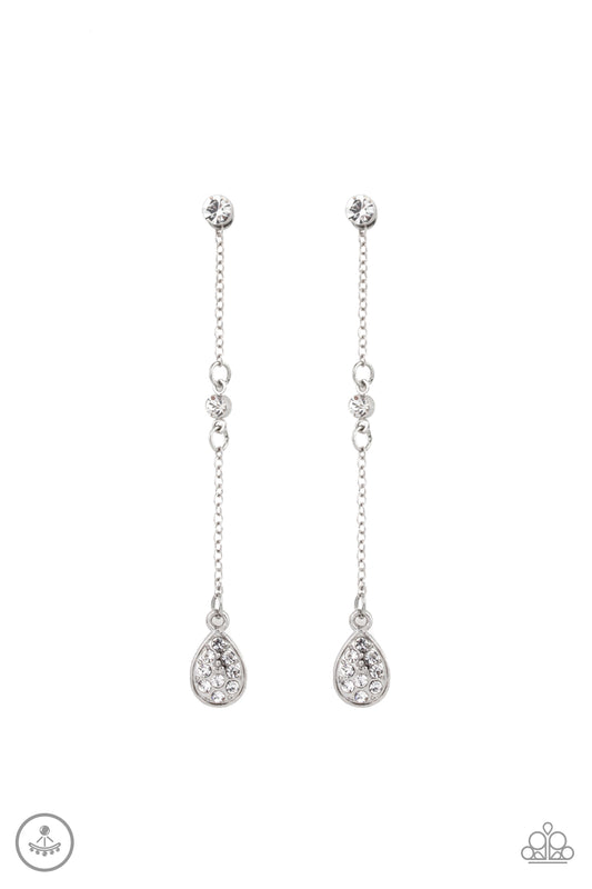 WHEN IT REIGNS - WHITE WHITE CLEAR RHINESTONES CHAIN LONG PENDANT DOUBLE POST EAR JACKET EARRINGS