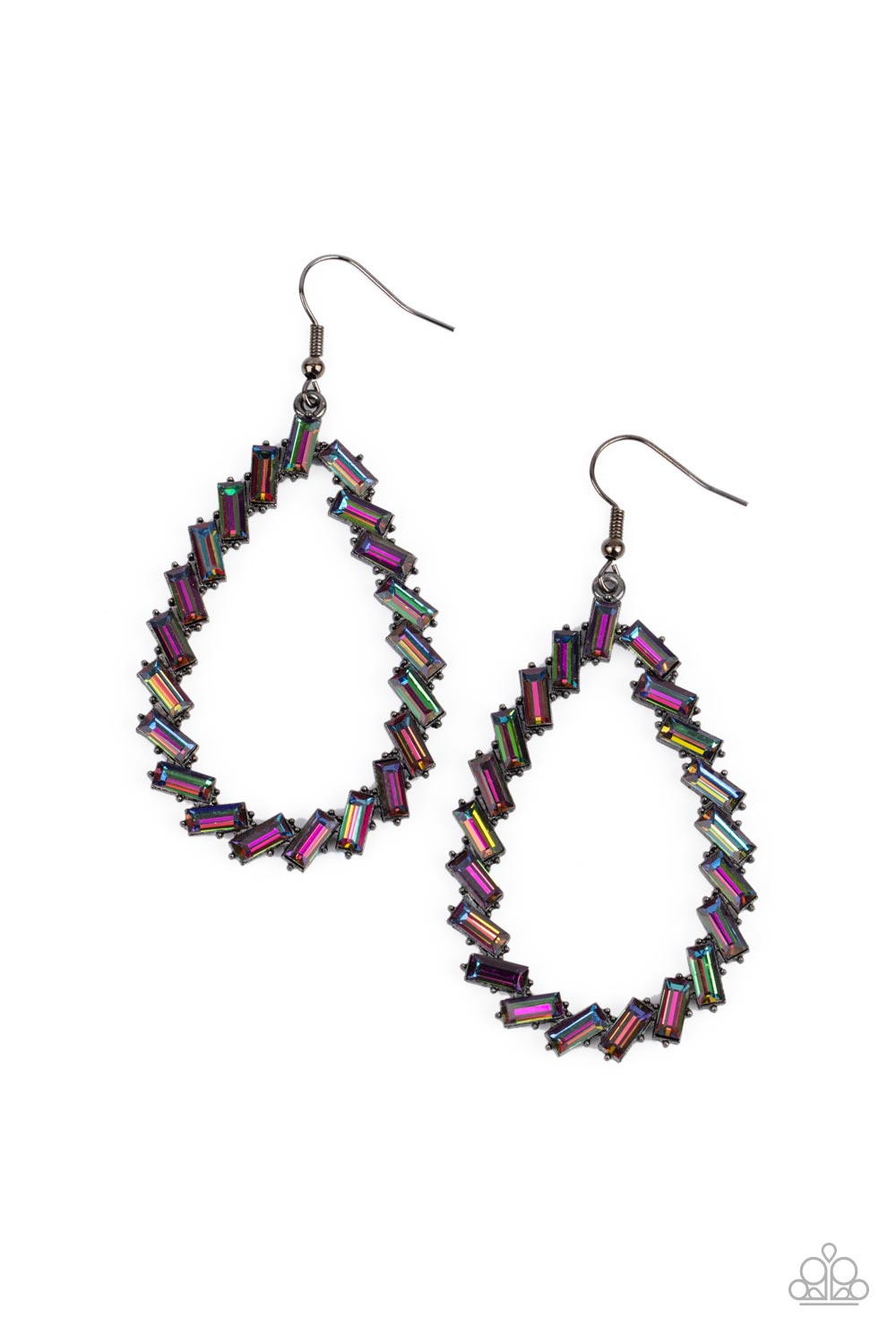 STRIKING RESPLENDENCE - MULTI OIL SPILL RHINESTONES BAGUETTES TEARDROP EARRINGS