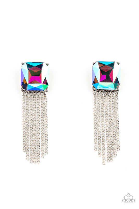 SUPERNOVA NOVELTY - MULTI OIL SPILL IRIDESCENT SQUARE RHINESTONE SILVER FRINGE LIFE OF THE PARTY EARRINGS