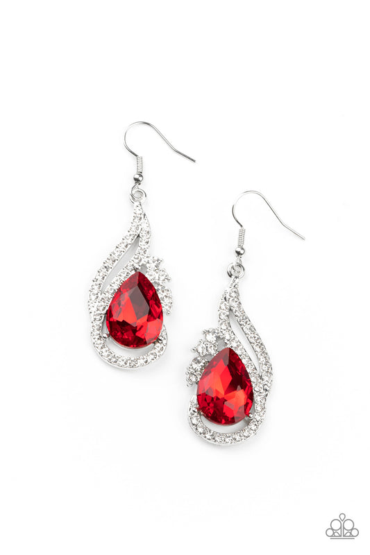 DANCEFLOOR DIVA - RED RUBY RHINESTONES TEARDROP PENDANT EARRINGS