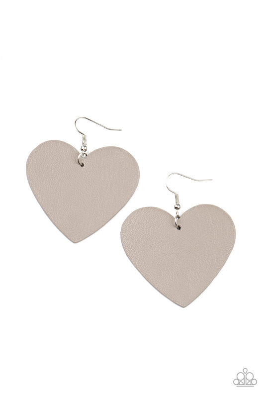 COUNTRY CRUSH - SILVER GRAY HEART LEATHER EARRINGS