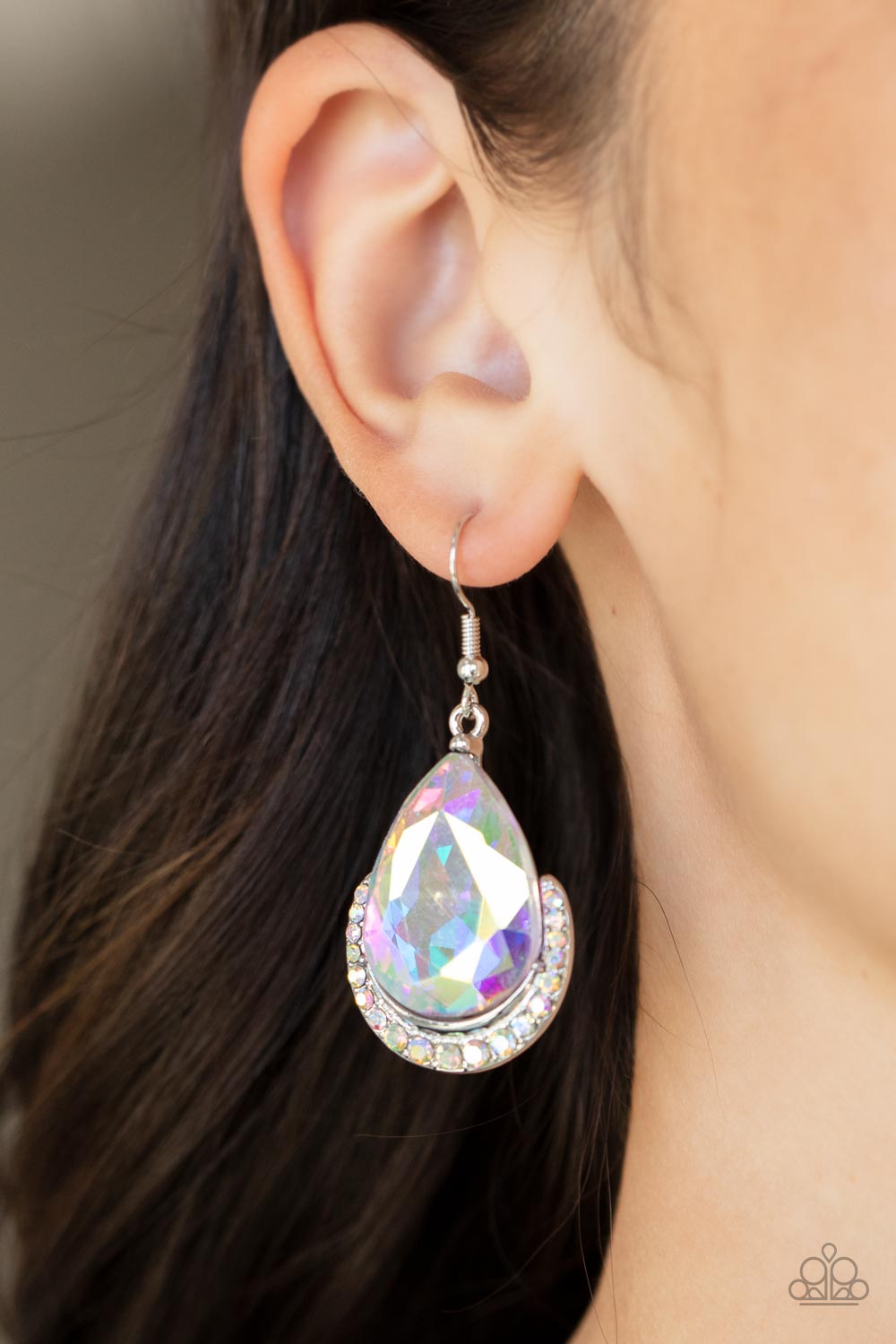 MEGA MARVELOUS - MULTI IRIDESCENT RHINESTONE TEARDROP SOLITAIRE PENDANT EARRINGS