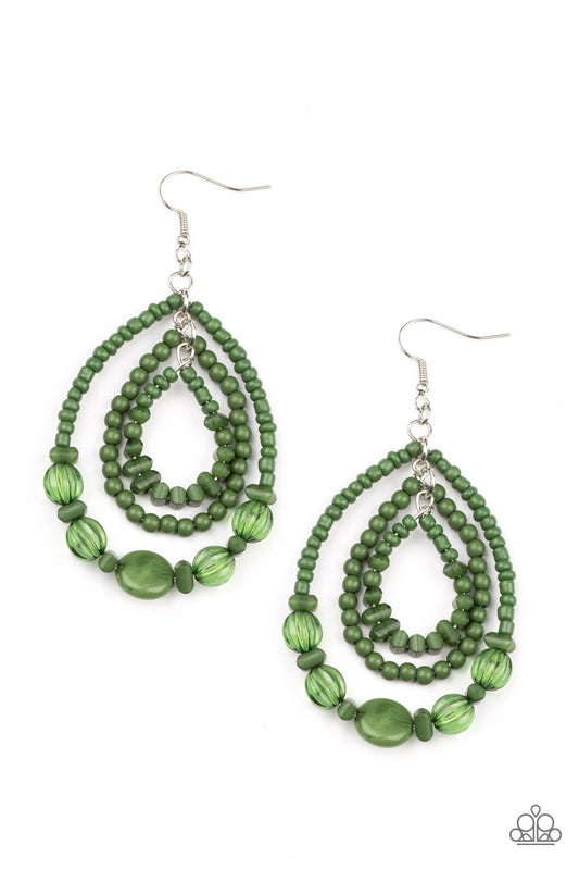 PRANA PARTY - GREEN BEADS TRANSLUSCENT TRIPLE TEARDROP EARRINGS
