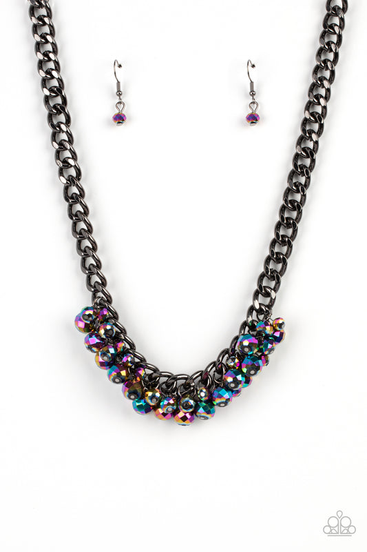 GALACTIC KNOCKOUT - MULTI OIL SPILL BLACK METAL CLUSTER BEADS NECKLACE