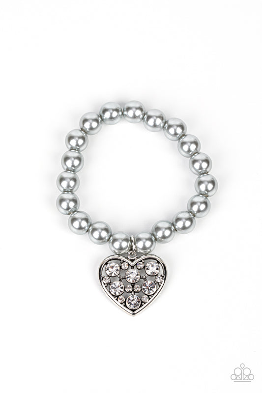 CUTELY CRUSHING - SILVER GRAY PEARLS RHINESTONE HEART CHARM BRACELET