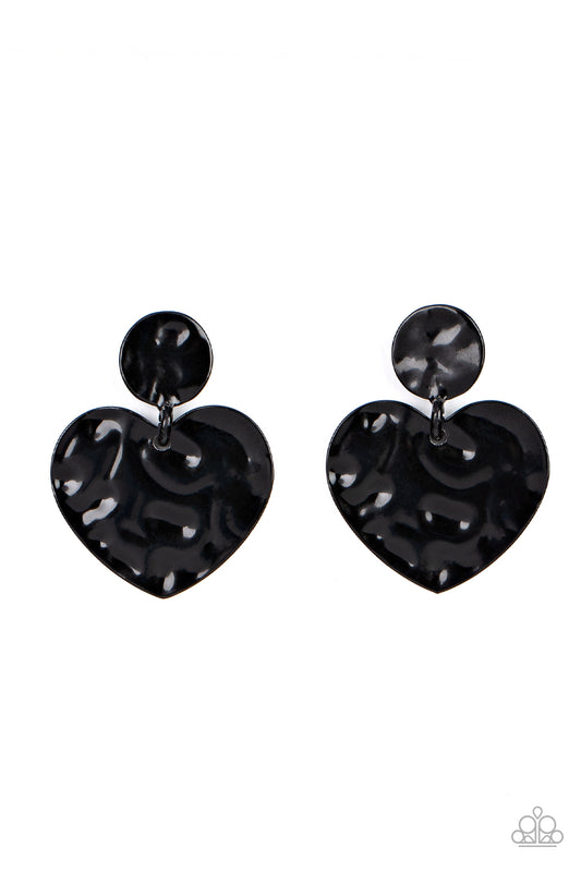 JUST A LITTLE CRUSH - BLACK HAMMERED ENAMEL HEART POST EARRINGS