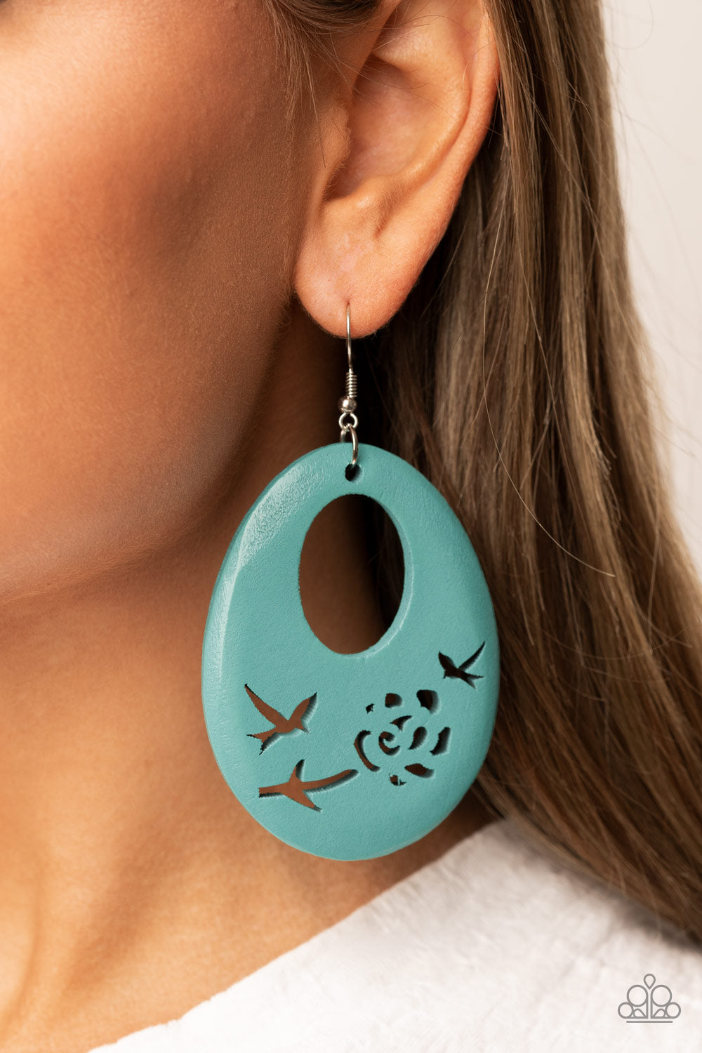 HOME TWEET HOME - BLUE BIRD CUT OUT FLOWER WOODEN OVAL EARRINGS