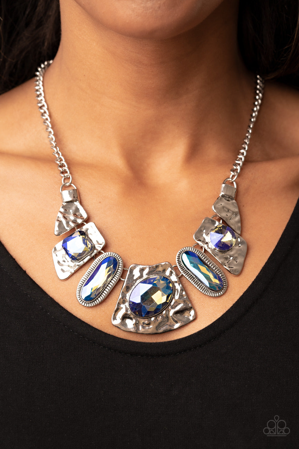 FUTURISTIC FASHIONISTA - MULTI BLUE OVAL IRIDESCENT OIL SPILL NECKLACE