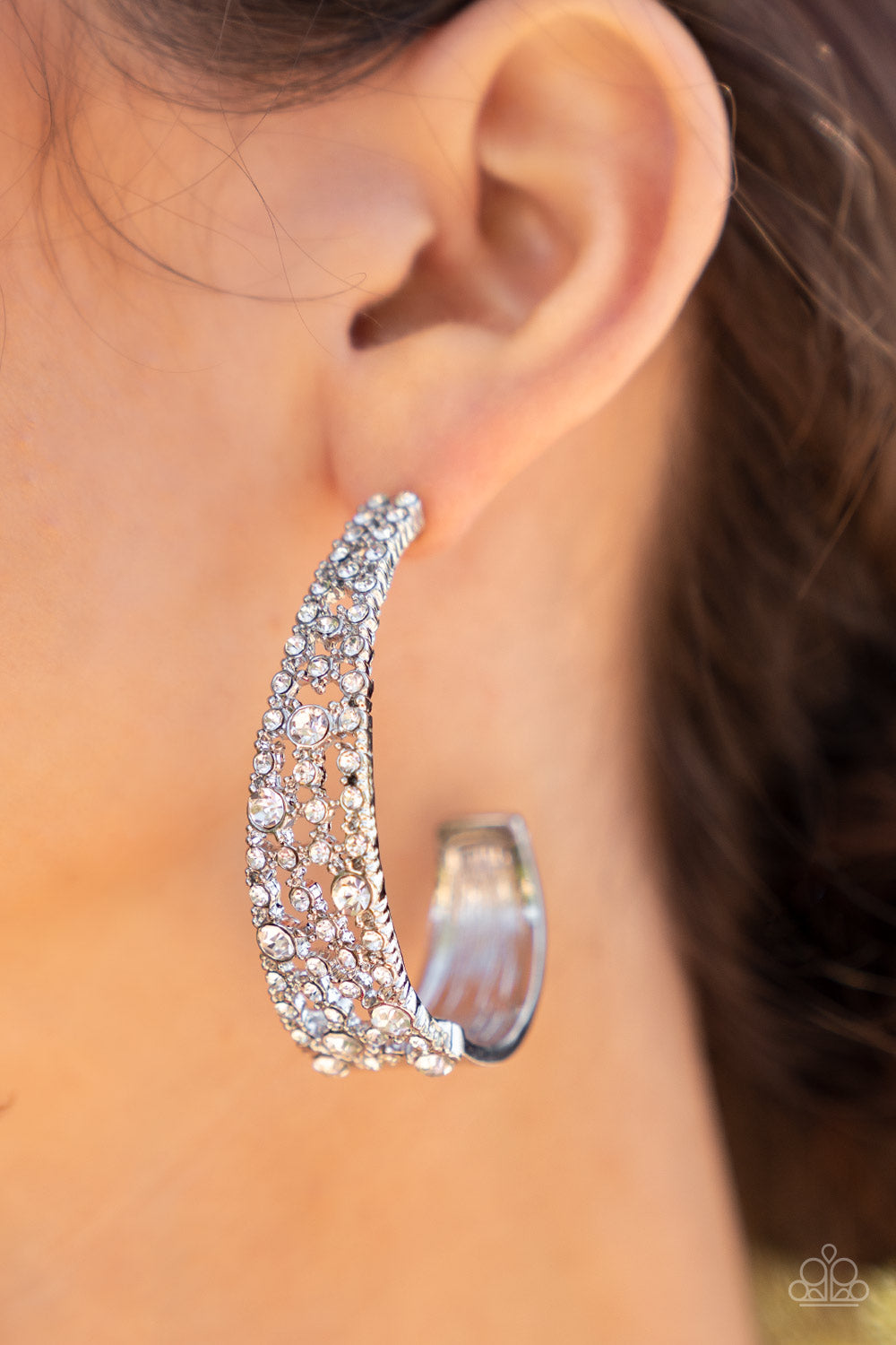 COLD AS ICE - WHITE RHINESTONES HALF HOOP LIFE OF THE PARTY EARRINGS