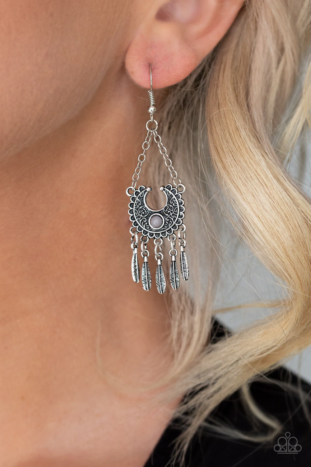 FABULOUSLY FEATHERED - SILVER CRESCENT GRAY BEAD FEATHER FRINGE CHAIN EARRINGS