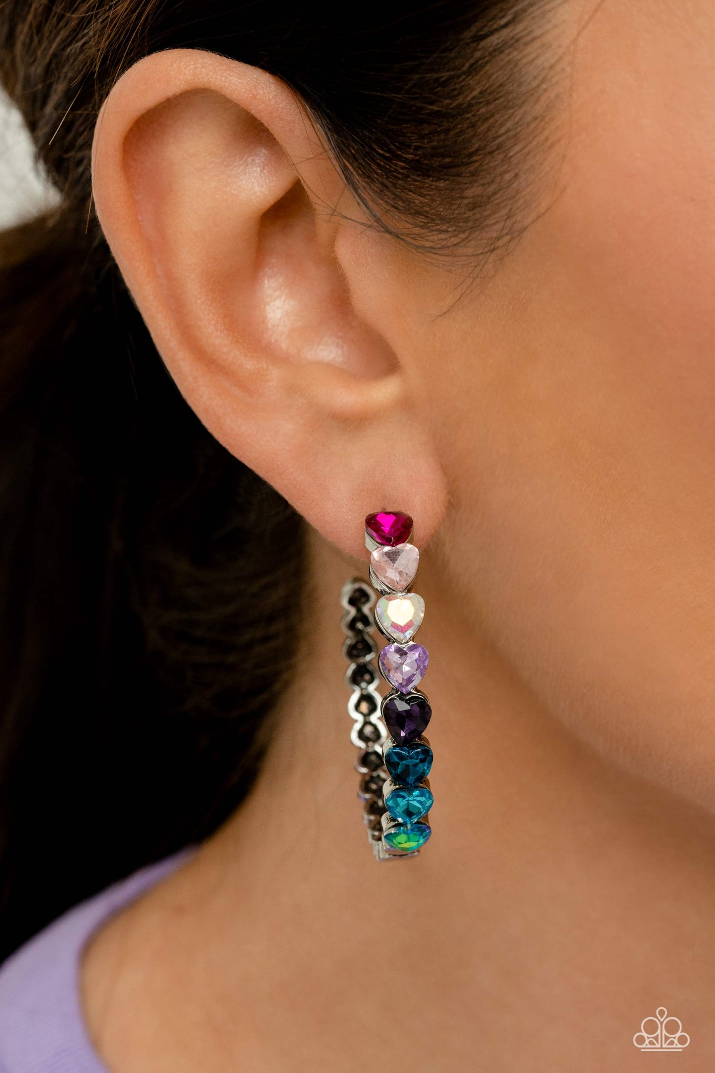 HYPNOTIC HEART ATTACK - MULTI RAINBOW COLORS HEARTS HOOP EARRINGS LIFE OF THE PARTY JUNE 2023