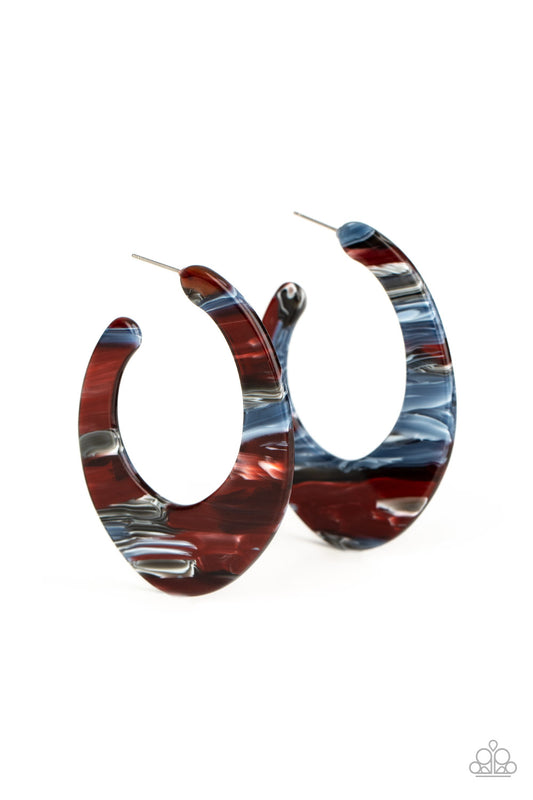 RETRO RENAISSANCE - MULTI ACRYLIC BROWN RED BLUE GRAY WHITE HOOP EARRINGS