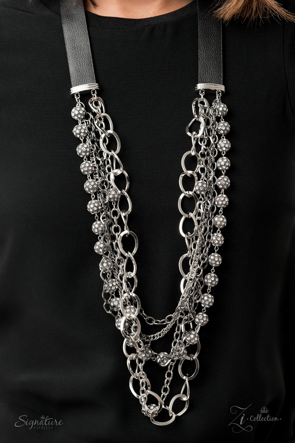 THE ARLINGTO - BLACK LEATHER SILVER CHAINS RHINESTONE BEADS 2020 ZI NECKLACE