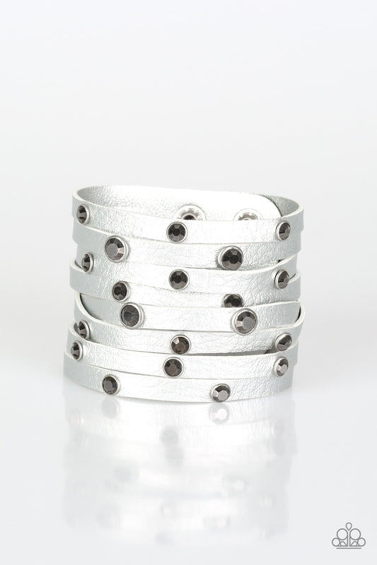 GO-GETTER GLAMOROUS - SILVER LEATHER MULTI LAYER HEMATITE RHINESTONES WRAP BRACELET
