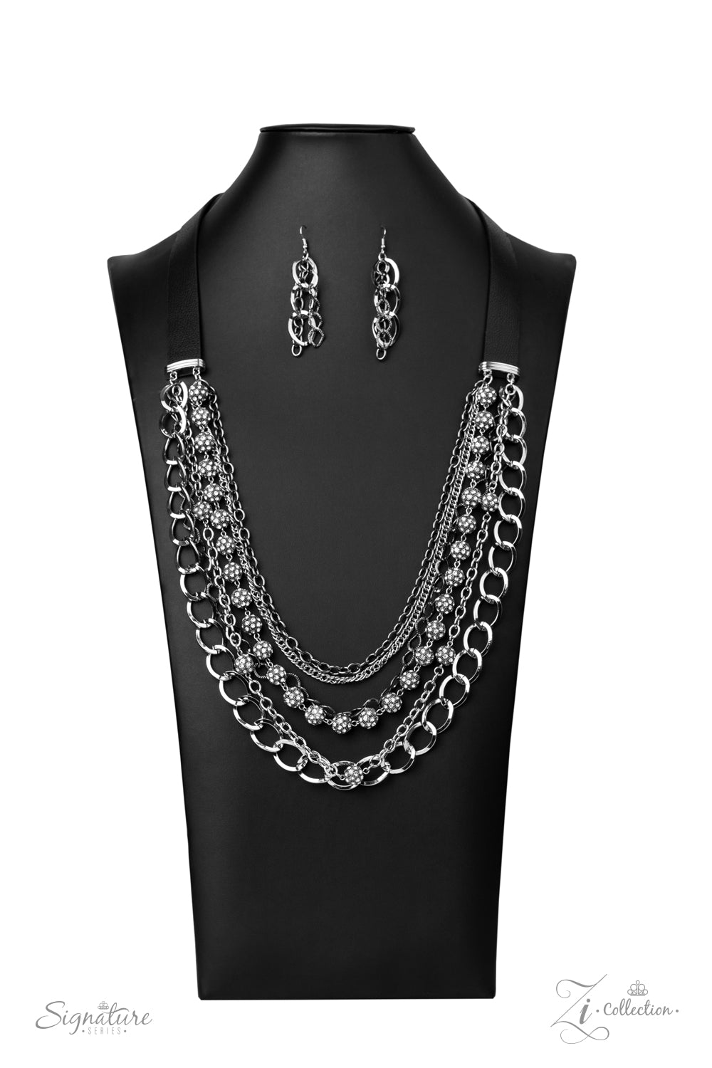 THE ARLINGTO - BLACK LEATHER SILVER CHAINS RHINESTONE BEADS 2020 ZI NECKLACE