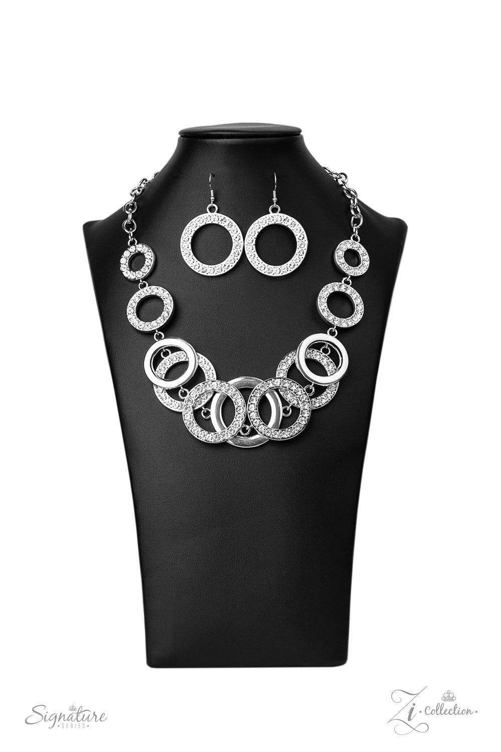 THE KEILA - WHITE RHINESTONES SILVER CIRCLES 2020 ZI NECKLACE SET