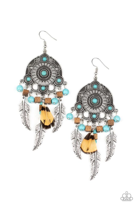 DESERT PLAINS - BLUE TURQUOISE WOODEN BEADS FEATHER DISC TRIBAL EARRINGS