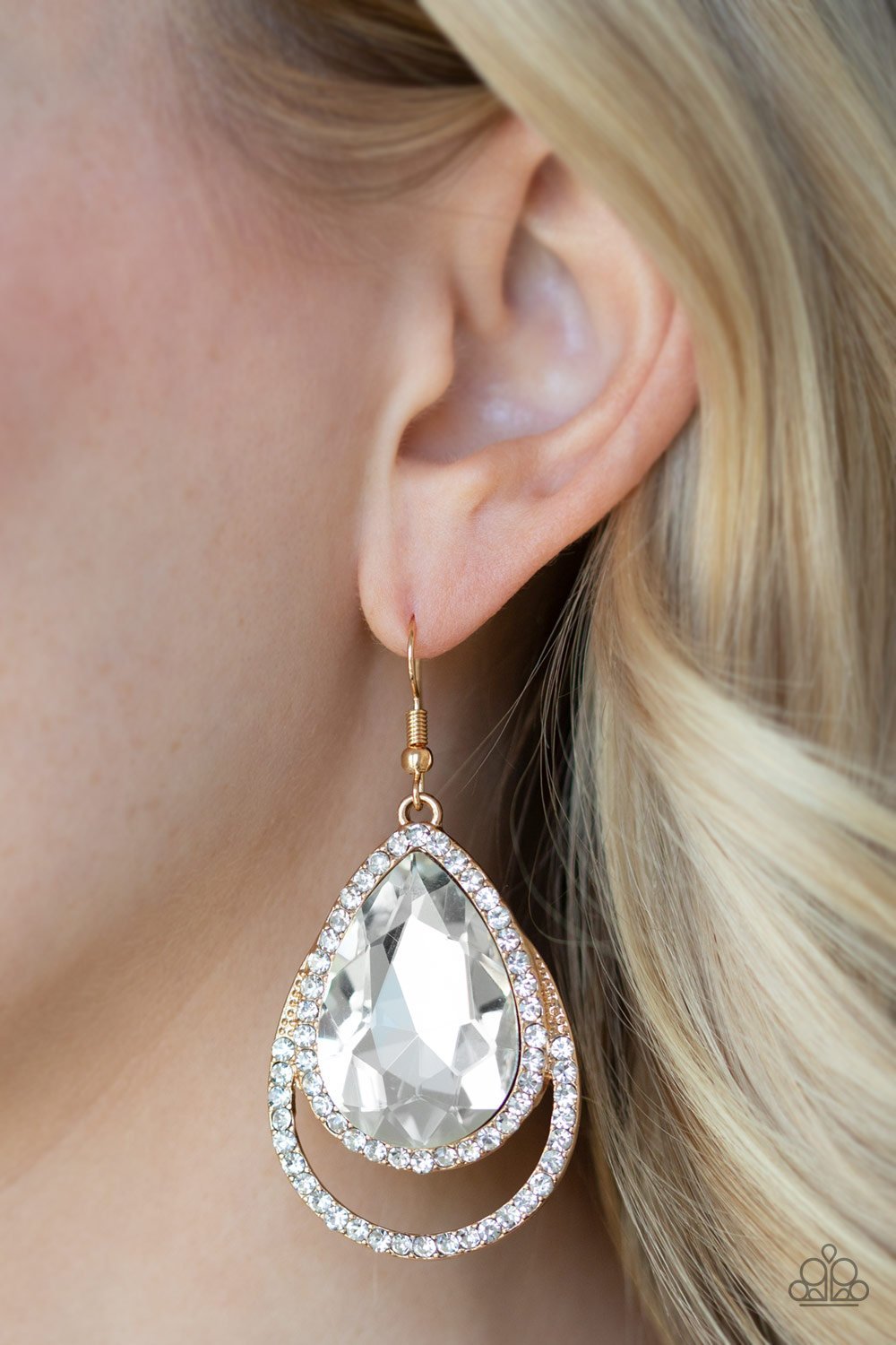 FAMOUS - GOLD LARGE TEARDROP RHINESTONE EARRINGS