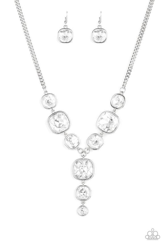 LEGENDARY LUSTER - WHITE SQUARE RHINESTONES Y SHAPE GLAM NECKLACE