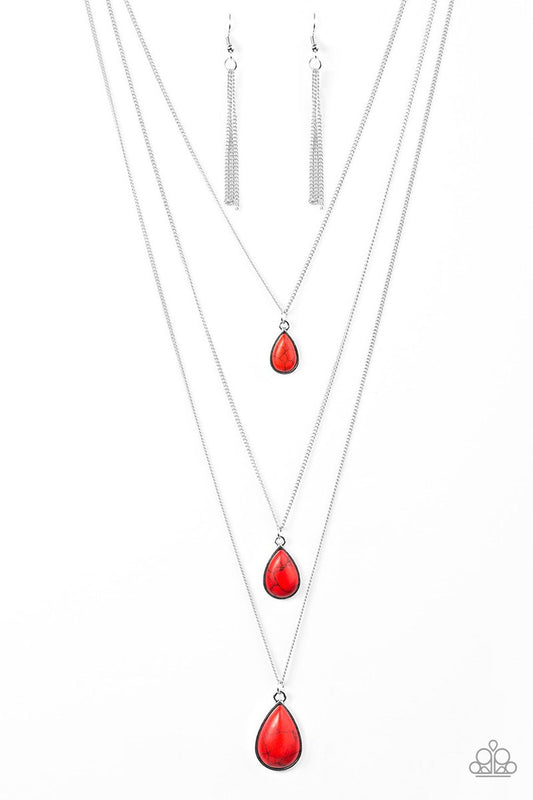 MOUNTAIN TEARS - RED SANDSTONE TEARDROPS TRIPLE LAYER SILVER NECKLACE