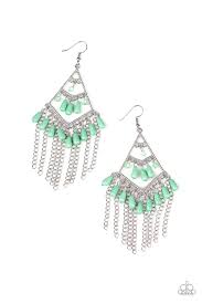 TRENDING TRANSCENDENCE - GREEN MIND GREEN BEADS SILVER CHAIN TASSELS EARRINGS