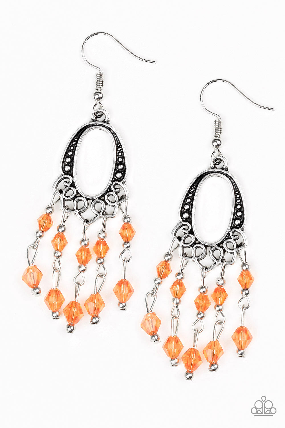 NOT THE ONLY FISH IN THE SEA - ORANGE CRYSTALS FRINGE OVAL SILVER EARRINGS