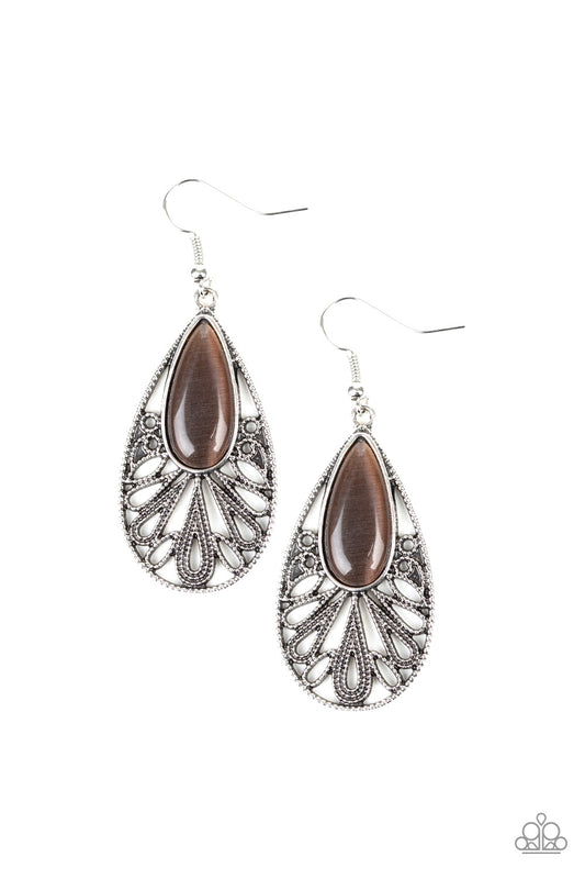 GLOWING TRANQUILITY - BROWN MOONSTONE SILVER FILIGREE TEARDROP EARRINGS