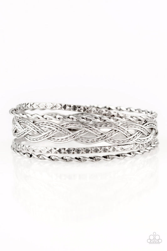 STRAIGHT STREET - SILVER BRAIDED TWISTED TEXTURED BANGLES BRACELET SET