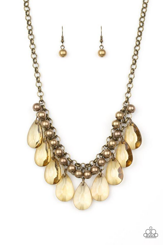 FASHIONISTA FLAIR - BRASS TEARDROP CRYSTAL TOPAZ ACRYLIC BEADS NECKLACE