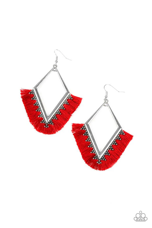 WHEN IN PERU - RED FRINGE DIAMOND SHAPE SILVER EARRINGS