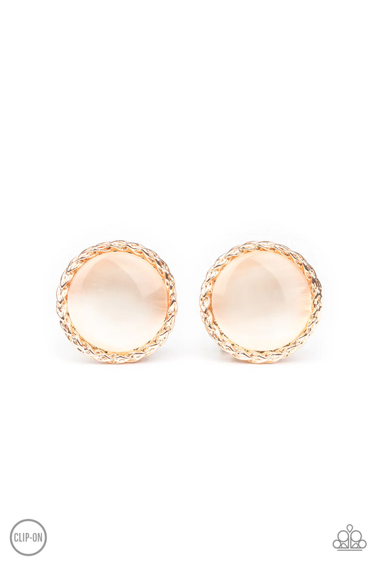 GET UP AND GLOW - GOLD ROUND MOONSTONE CLIPON EARRINGS