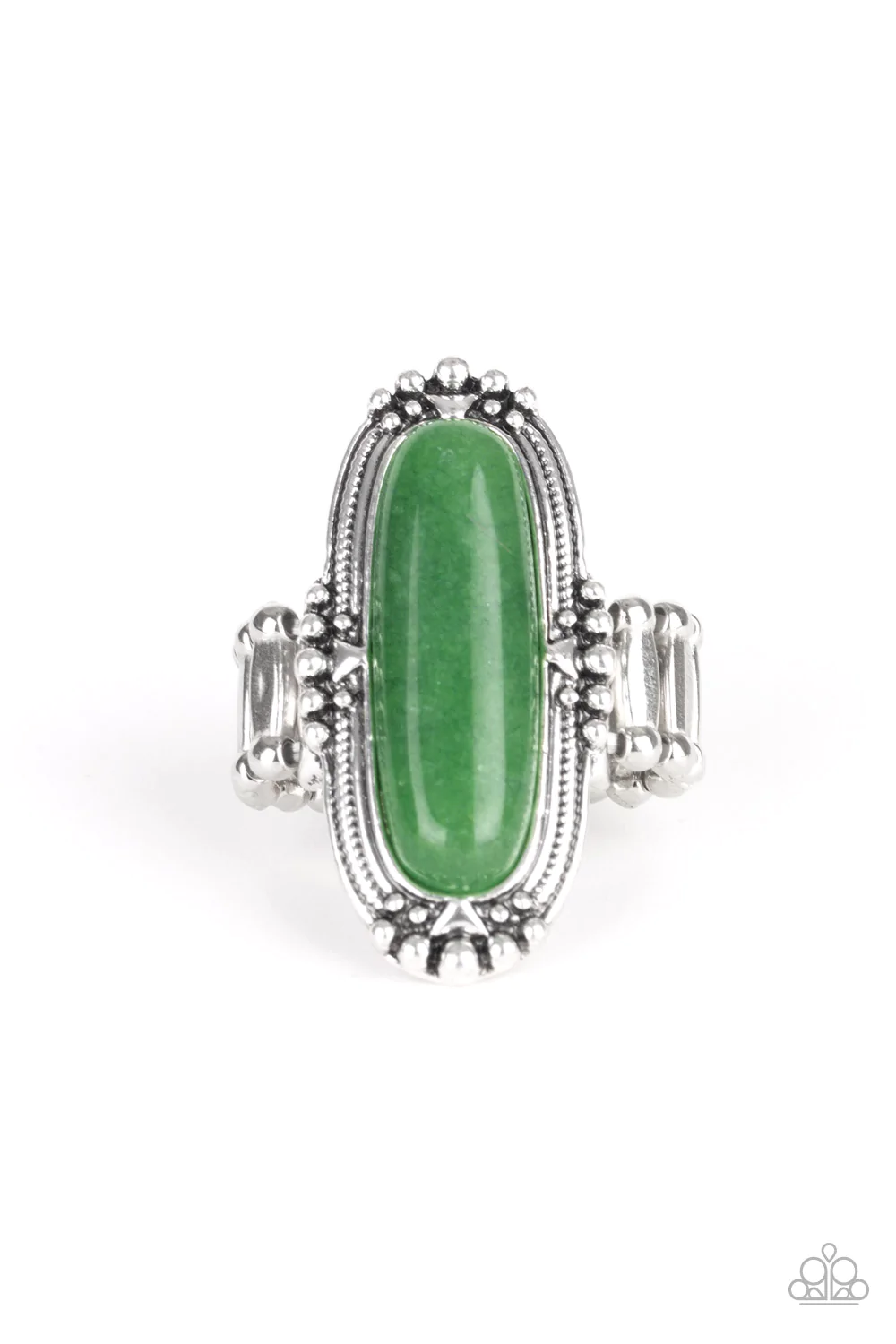 DESERT TRANQUILITY - GREEN OVAL JADE GLASSY STONE SILVER RING